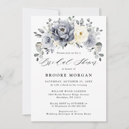 Silver Gray Ivory Floral Winter Boho Brautparty Einladung (Vorderseite)