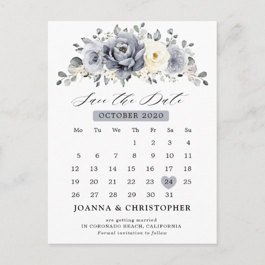 Silver Gray Ivory Floral Winter Boho Save the Date Postkarte (Vorderseite)