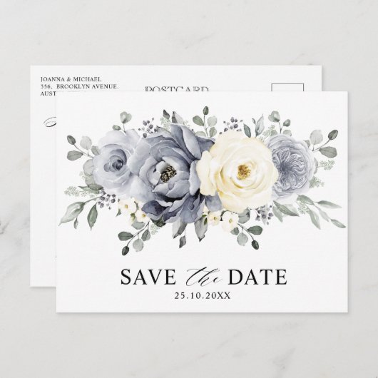 Silver Gray Ivory Floral Winter Boho Save the Date Postkarte (Vorne/Hinten)