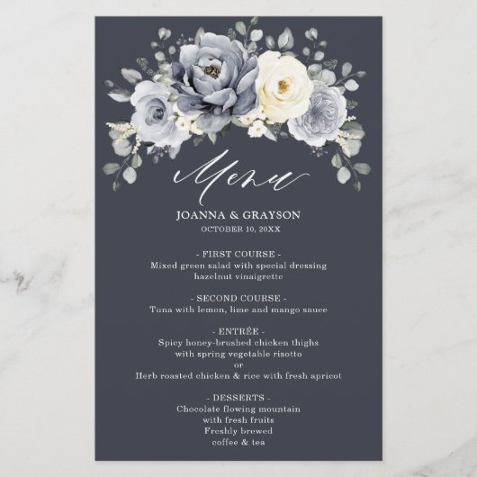 Silver Gray Ivory Floral Winter Boho Wedding Menu (Vorderseite)