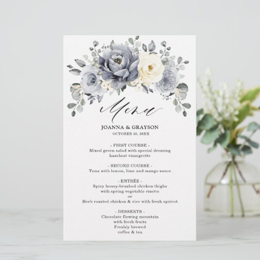 Silver Gray Ivory Floral Winter Boho Wedding Menu (Stehend Vorderseite)