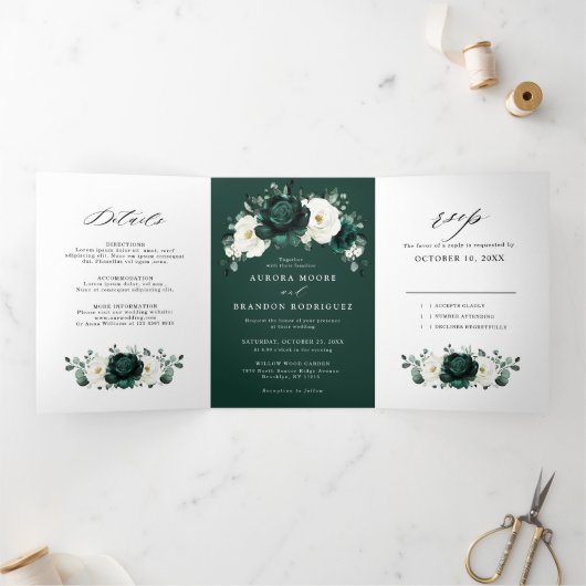 Silver Gray Ivory Floral Winter Rustikale Wedding Dreifach Gefaltete Ankündigung (Innenseite)