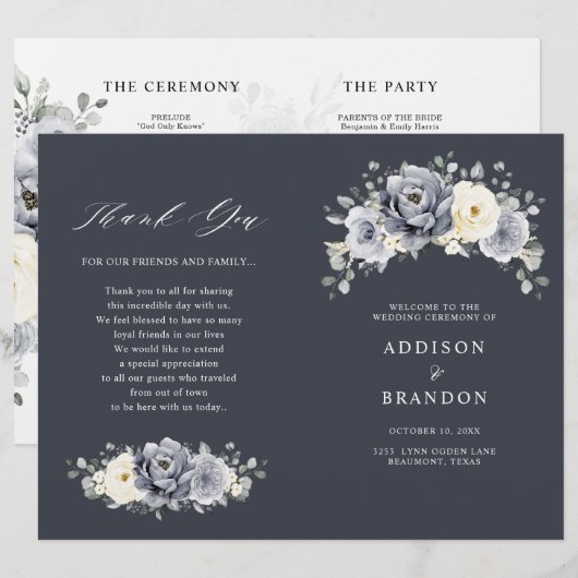 Silver Gray Ivory Floral Winter Wedding Programm (Vorne/Hinten)