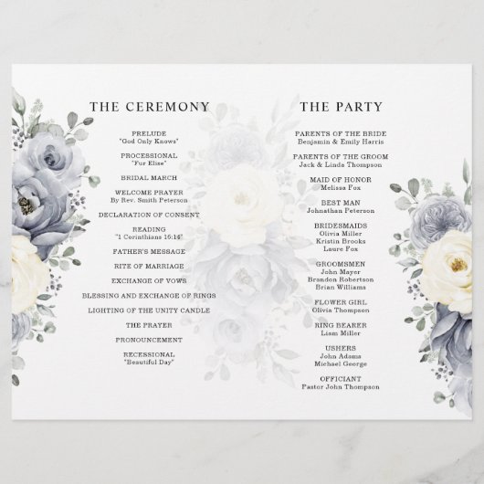 Silver Gray Ivory Floral Winter Wedding Programm (Rückseite)