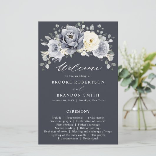 Silver Gray Ivory Floral Winter Wedding Programm (Stehend Vorderseite)