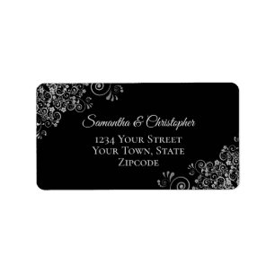 Silver Gray Lace on Black Elegant Wedding Address Adressaufkleber