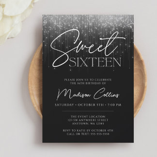 Silver Gray Lights Black Sweet 16 Einladung