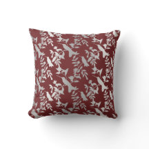 Silver Gray Metallic Floral Humming-birds Burgundy