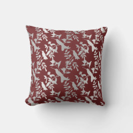 Silver Gray Metallic Floral Humming-birds Burgundy Kissen