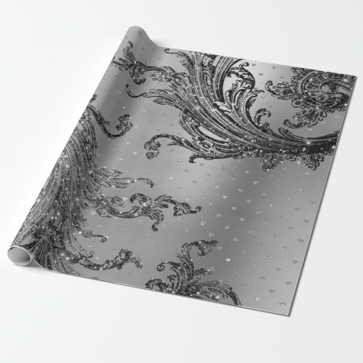 Silver Gray Metalllic Crystal Damask Herz Black Geschenkpapier (Ungerollt)
