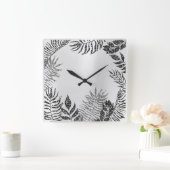 Silver Gray Minimal Black Glitzer Metallic Botanic Quadratische Wanduhr (Zuhause)