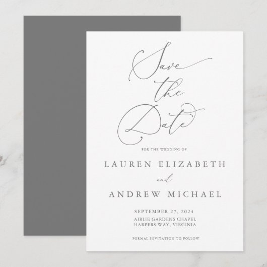 Silver Gray Minimalistisch Save the Date Einladung (Vorne/Hinten)