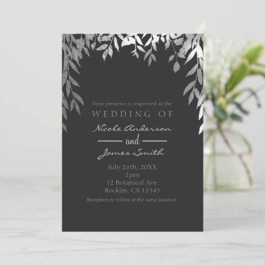 Silver & Gray Modern Glam Botanische Blätter Hochz Einladung (Stehend Vorderseite)