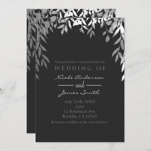 Silver & Gray Modern Glam Botanische Blätter Hochz Einladung (Vorne/Hinten)