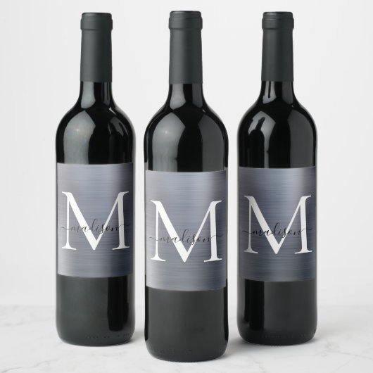 Silver Gray Monogram Girly Script Metallic Steel Weinetikett (Flaschen)