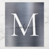 Silver Gray Monogram Girly Script Metallic Steel Weinetikett (Einzelnes Label)