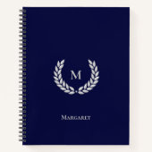 Silver Gray Monogram & Laurel auf Navy Blue Editor Notizblock (Vorderseite)