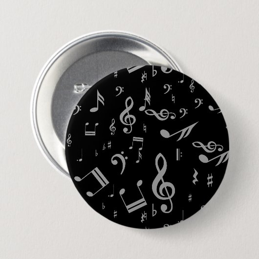 Silver Gray Musical Notes on Black Button (Vorne & Hinten)