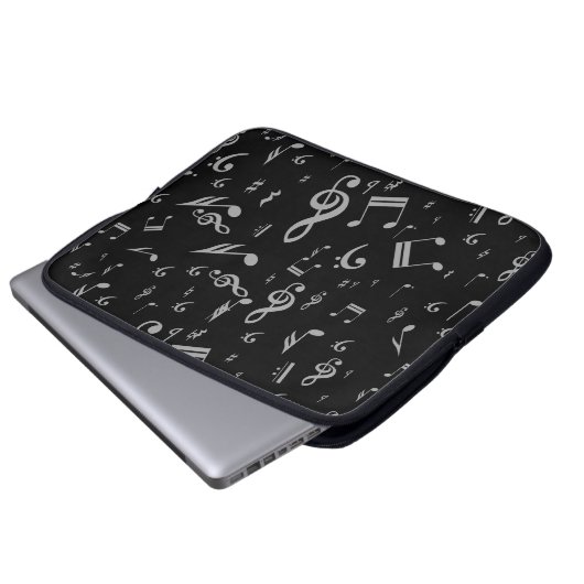 Silver Gray Musical Notes on Black Laptopschutzhülle (Vorne Knopf)