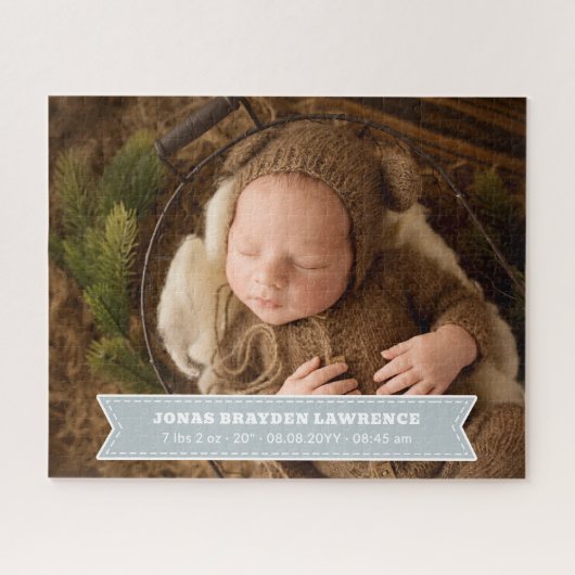 Silver Gray Newborn Baby Boy Birth Stats Photo Puzzle (Horizontal)