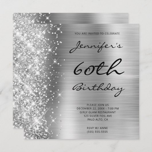Silver Gray Ombre Foil Verlassen Glitzer 60. Gebur Einladung (Vorne/Hinten)