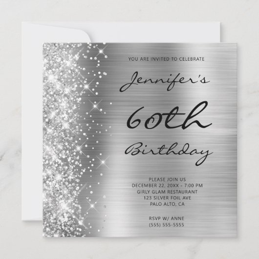Silver Gray Ombre Foil Verlassen Glitzer 60. Gebur Einladung (Vorderseite)