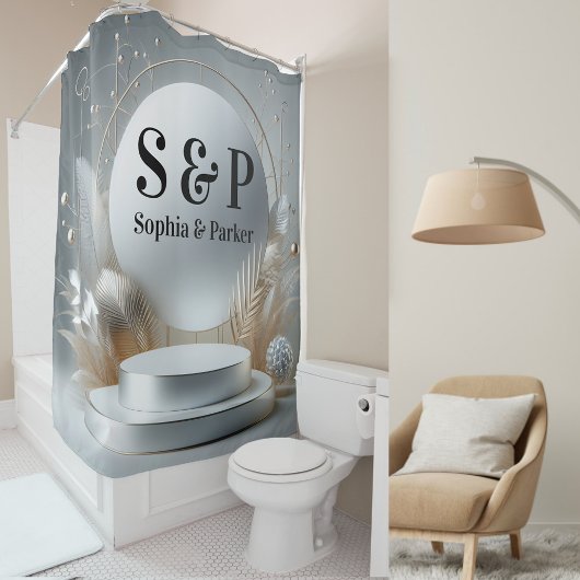 Silver Gray Podium Monogram Modern Script Wedding Duschvorhang