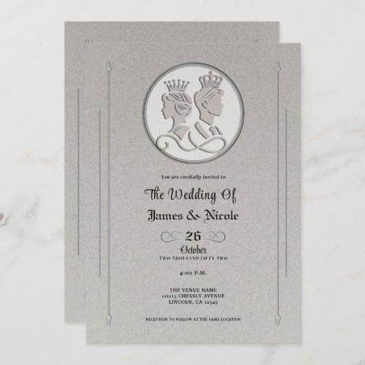 Silver Gray Royal Storybook King Queen Wedding Einladung (Vorne/Hinten)