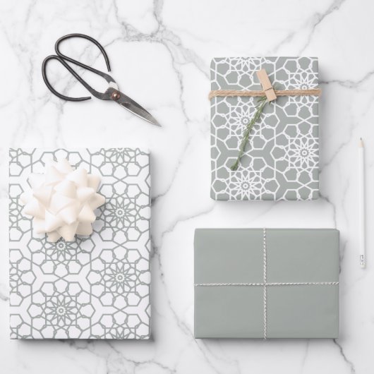 Silver Gray Seamless Arabesque Muster Geschenkpapier Set (Vorderseite)
