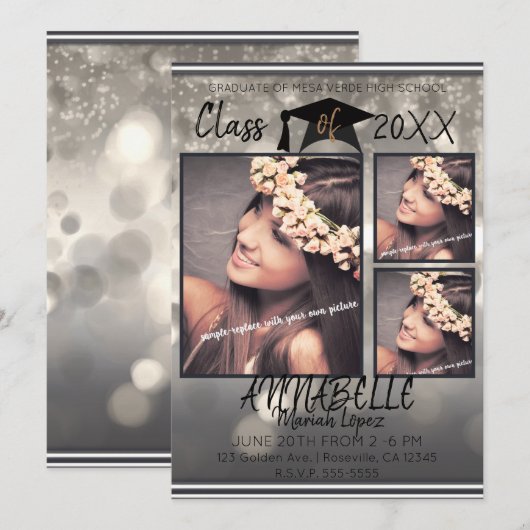 Silver Gray Sparkle Abschluss Graduate Foto Einladung (Vorne/Hinten)