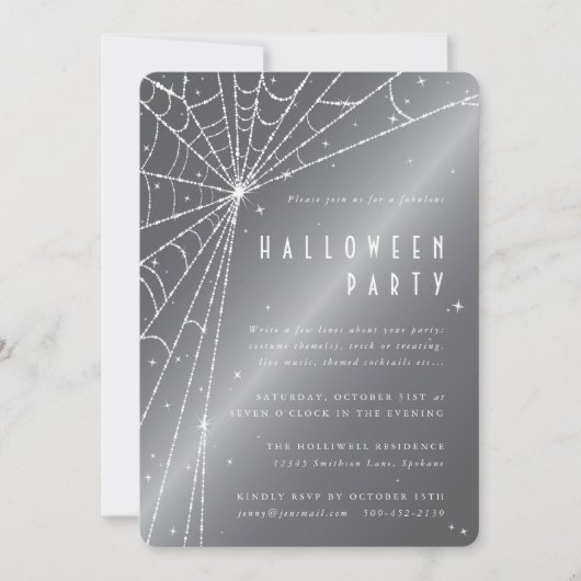 Silver-Gray Sparkling Spider Web Halloween-Party Einladung (Vorderseite)