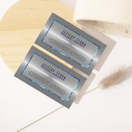 Silver Gray Stainless Steel Look Blue Accents Visitenkarte