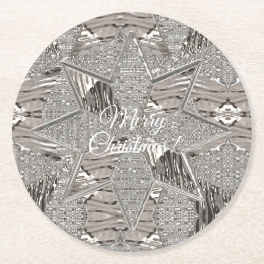 Silver Gray Star Frohe Weihnachten oder Dein Text Runder Pappuntersetzer (Vorderseite)