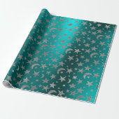 Silver Gray Stars Moon Sky Metallic Greenly Aquama Geschenkpapier (Ungerollt)