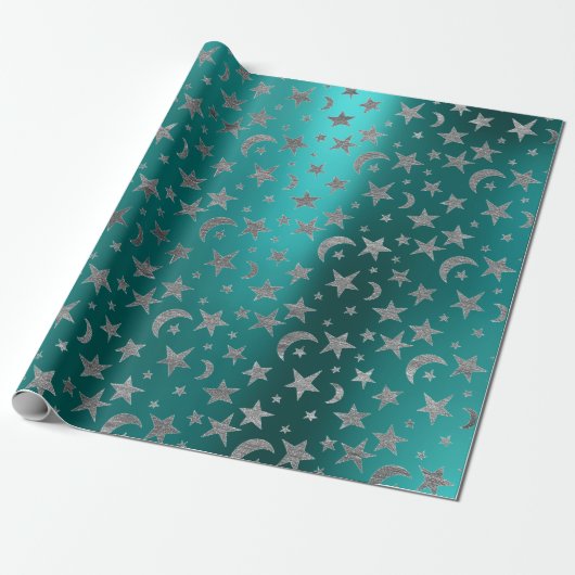 Silver Gray Stars Moon Sky Metallic Greenly Aquama Geschenkpapier (Ungerollt)