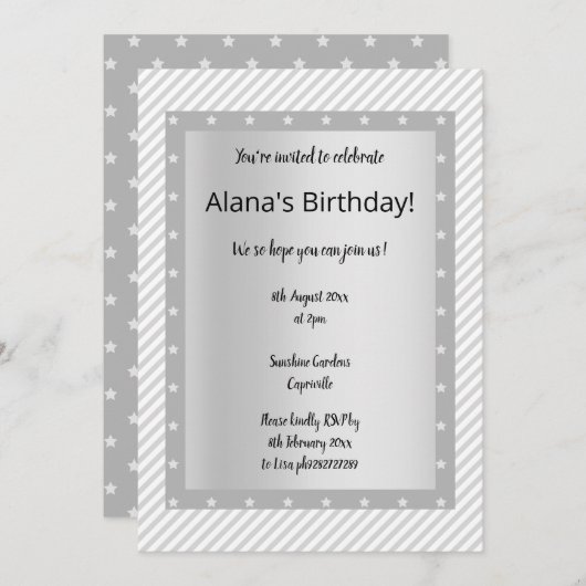 Silver Gray STRIPE STAR Party Einladungen (Vorne/Hinten)