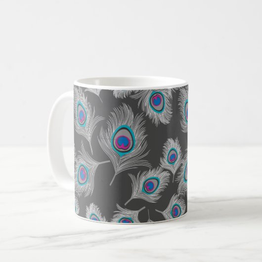 Silver Gray & Turquoise Peacock Feather Kaffeetasse (Vorderseite Links)