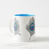 Silver Gray & Turquoise Peacock Feather Zweifarbige Tasse (Vorderseite Links)
