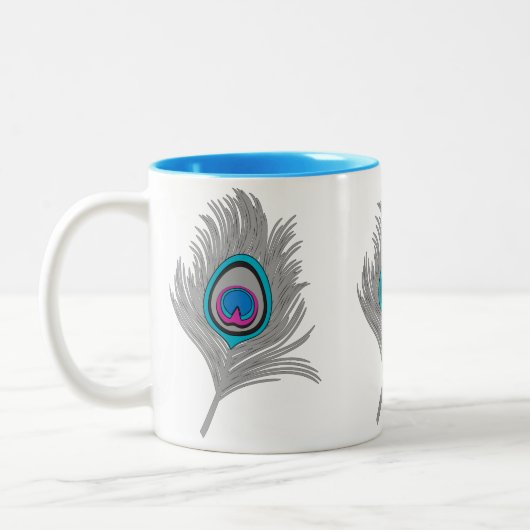 Silver Gray & Turquoise Peacock Feather Zweifarbige Tasse (Links)