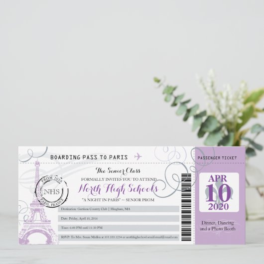 Silver Gray und Lila Night in Paris School Prom Einladung (Stehend Vorderseite)