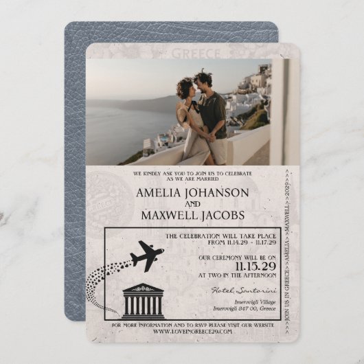 Silver Greece Passport Wedding Einladung (Vorne/Hinten)