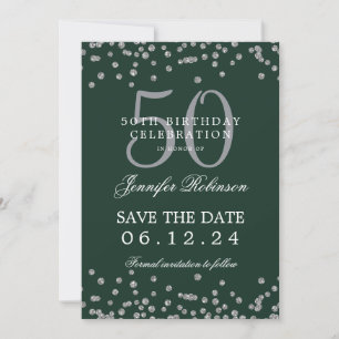 Silver Green 50. Geburtstag Save the Date Confetti Einladung