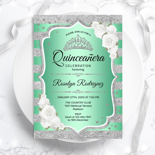 Silver Green Elegant Quinceanera Einladung