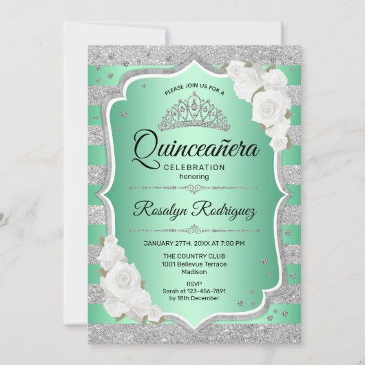 Silver Green Elegant Quinceanera Einladung (Vorderseite)