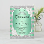 Silver Green Elegant Quinceanera Einladung (Stehend Vorderseite)