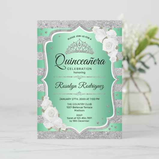 Silver Green Elegant Quinceanera Einladung (Stehend Vorderseite)