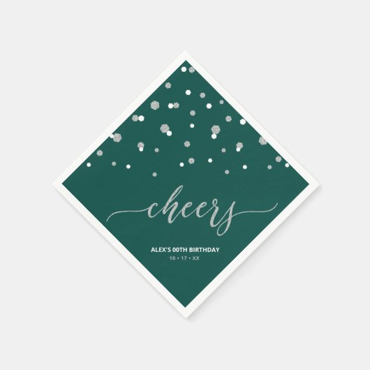 Silver Green Hexagon Confetti Cheers Custom Party Serviette (Ecke)