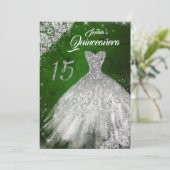 Silver Green Lace Diamond Sparkle Gown Quinceanera Einladung (Stehend Vorderseite)