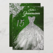Silver Green Lace Diamond Sparkle Gown Quinceanera Einladung (Vorne/Hinten)