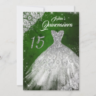 Silver Green Lace Diamond Sparkle Gown Quinceanera Einladung